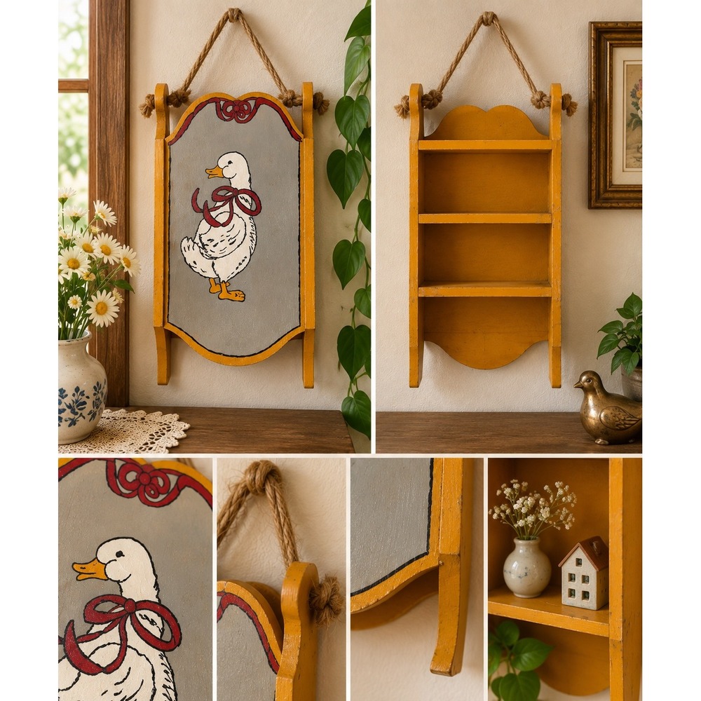 Vintage Hand Painted Goose Wooden Wall Trinket Shelf Mustard Yellow Grannycore